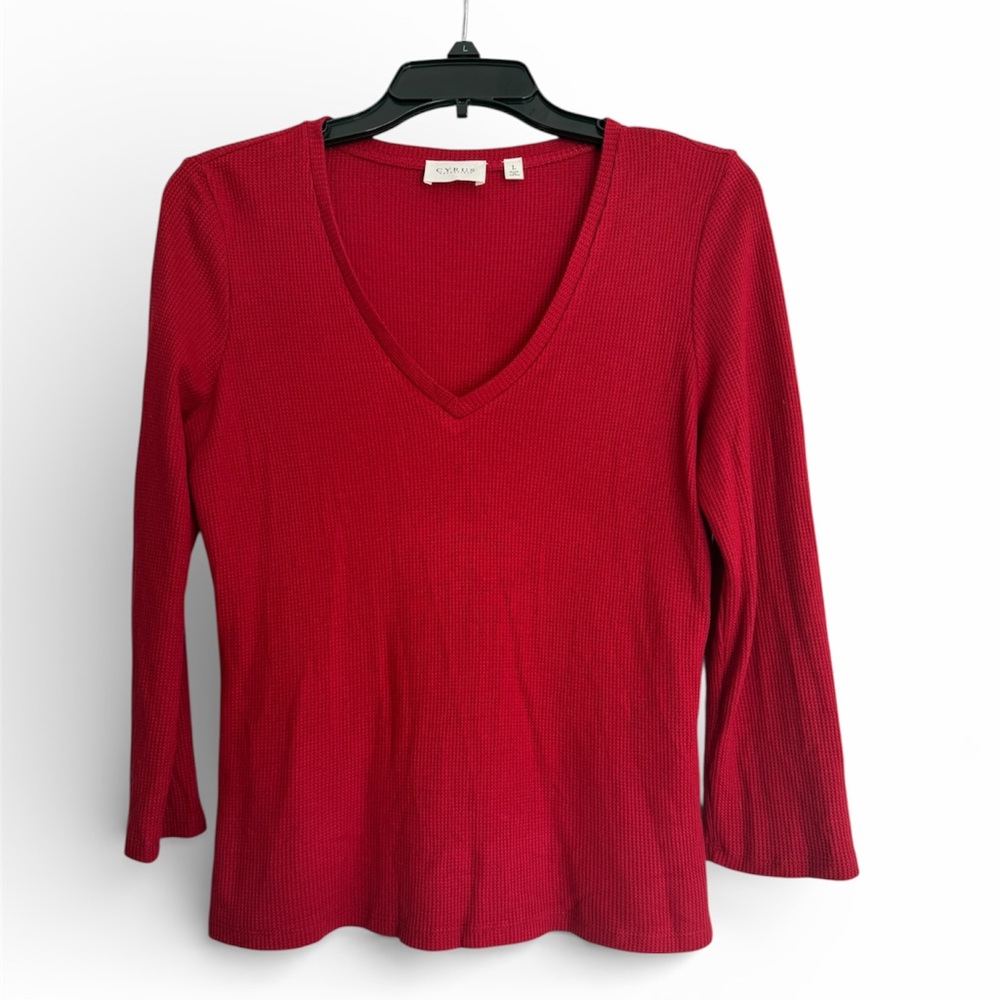 Cyrus Red V-Neck 3/4 Sleeve Waffle Knit Top Size Large